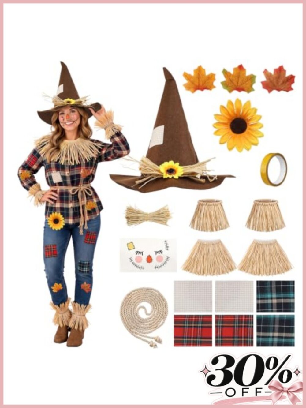Scarecrow Costume Accessory Set for Adults DIY Hat, Raffia, Belt, Pins, Leaves